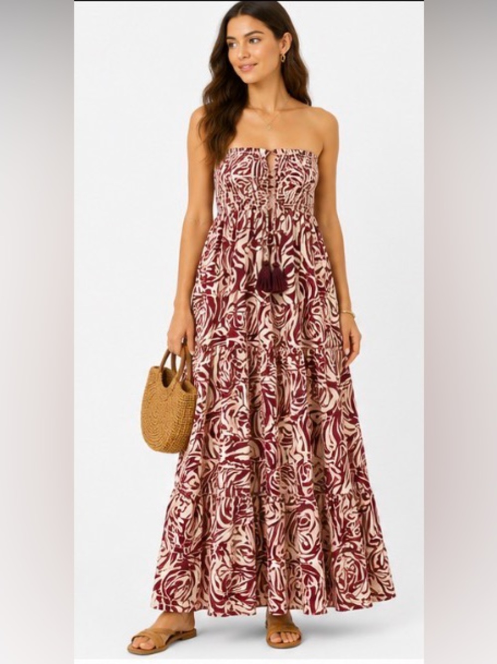 White Waves S/M 100% Art Silk Burgundy Cream Strapless Boho Maxi Dress